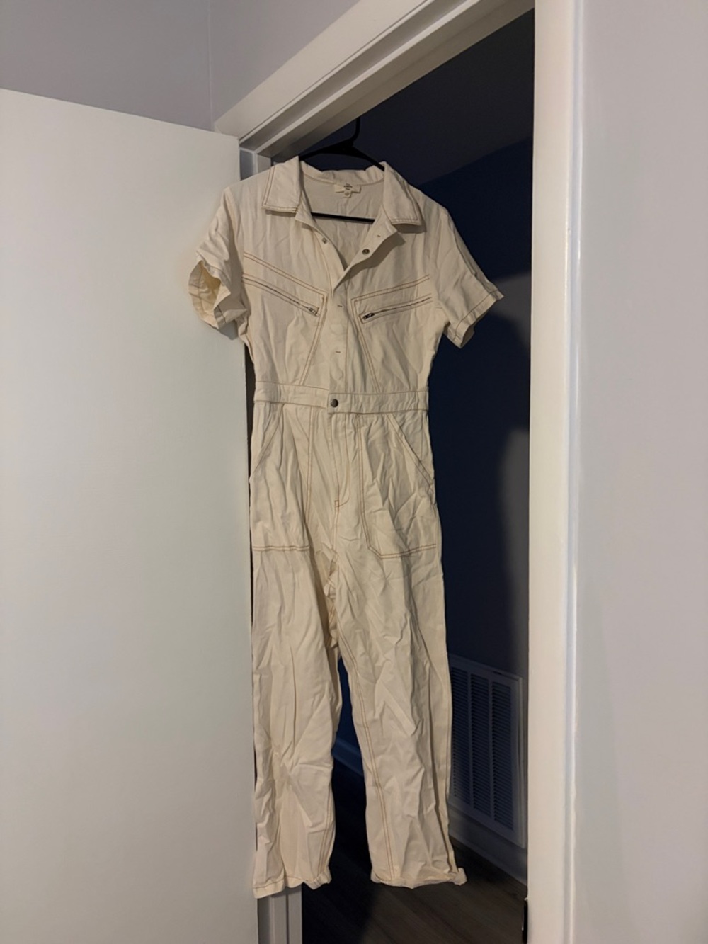 Casual Short-Sleeve Utility Jumpsuit in Cream